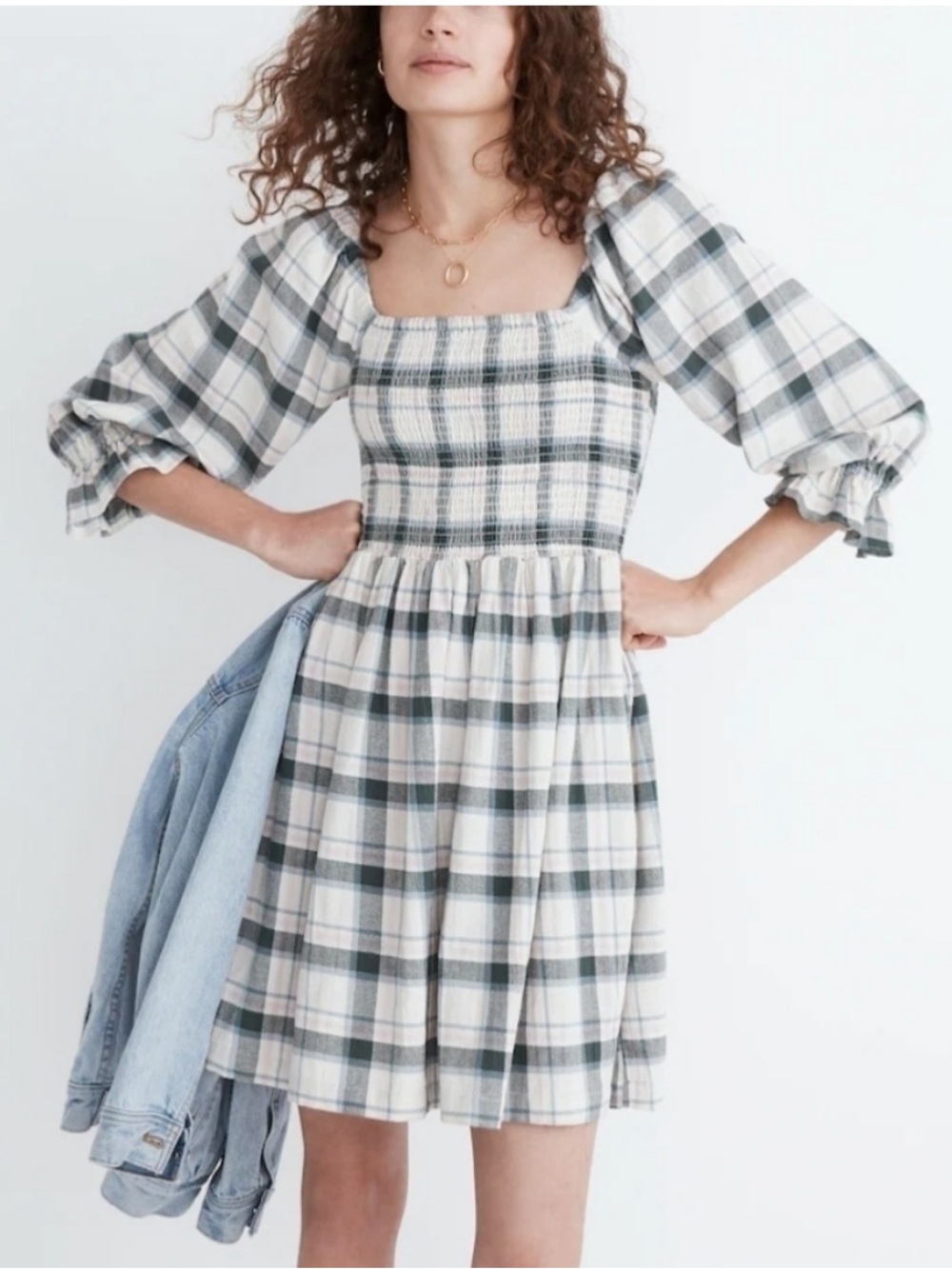Madewell White and Gray Plaid Square-Neck Puff-Sleeve Mini Dress